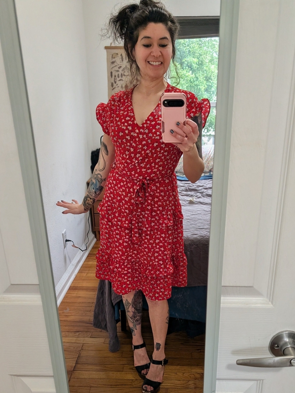 Red Floral V-Neck Wrap Dress